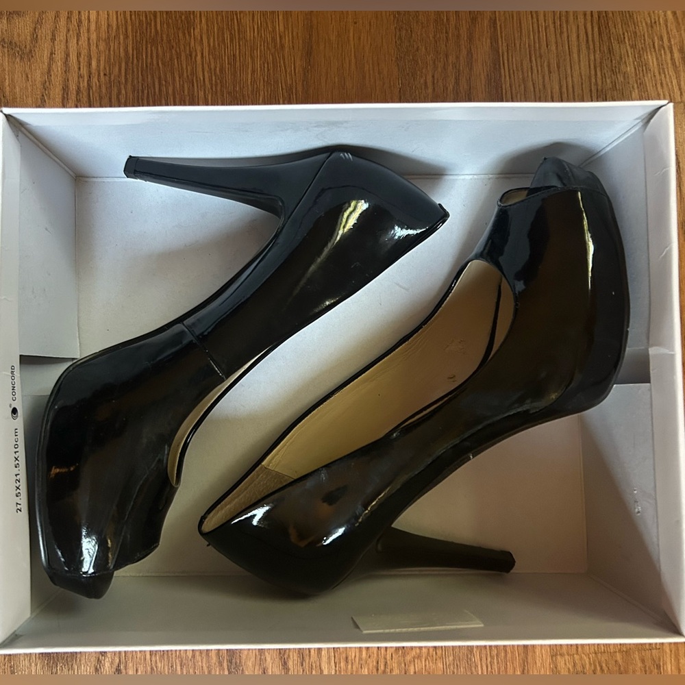 Nine West Shiny Black Peep-Toe Heels